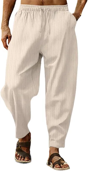 Mens Cotton Linen Pants Elastic Drawstring Waist Trouser Casual Loose Fit Yoga Beach Pants Striped Hip Hop Sports Pants