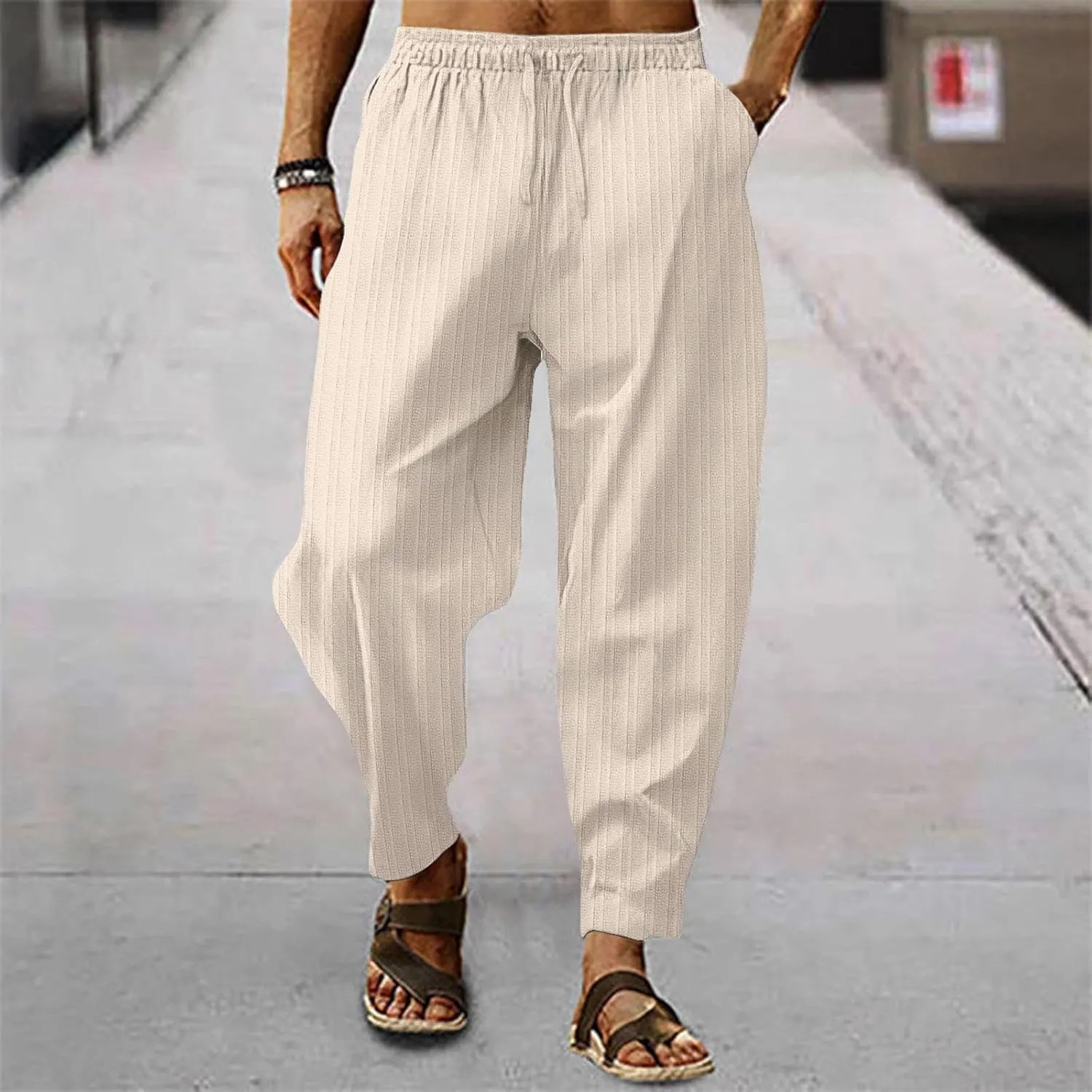 Mens Cotton Linen Pants Elastic Drawstring Waist Trouser Casual Loose Fit Yoga Beach Pants Striped Hip Hop Sports Pants