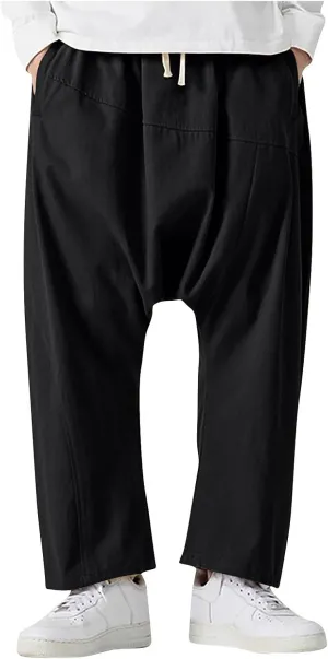 Mens Cotton Pants Summer Fashion Loose Fit Plus Size Harem Jogger Pant Casual Elastic Waist Drawstring Trousers