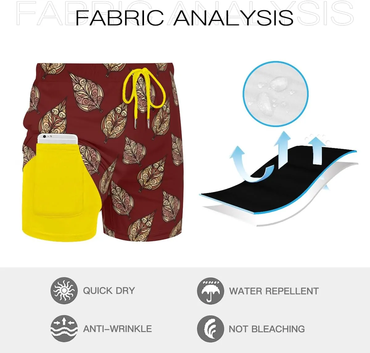 Men's Cruise Vacation Trunks Silk Tree Leaf Patterned Swim Trunks Travel-Friendly Quick-Packing Lightweight Easy