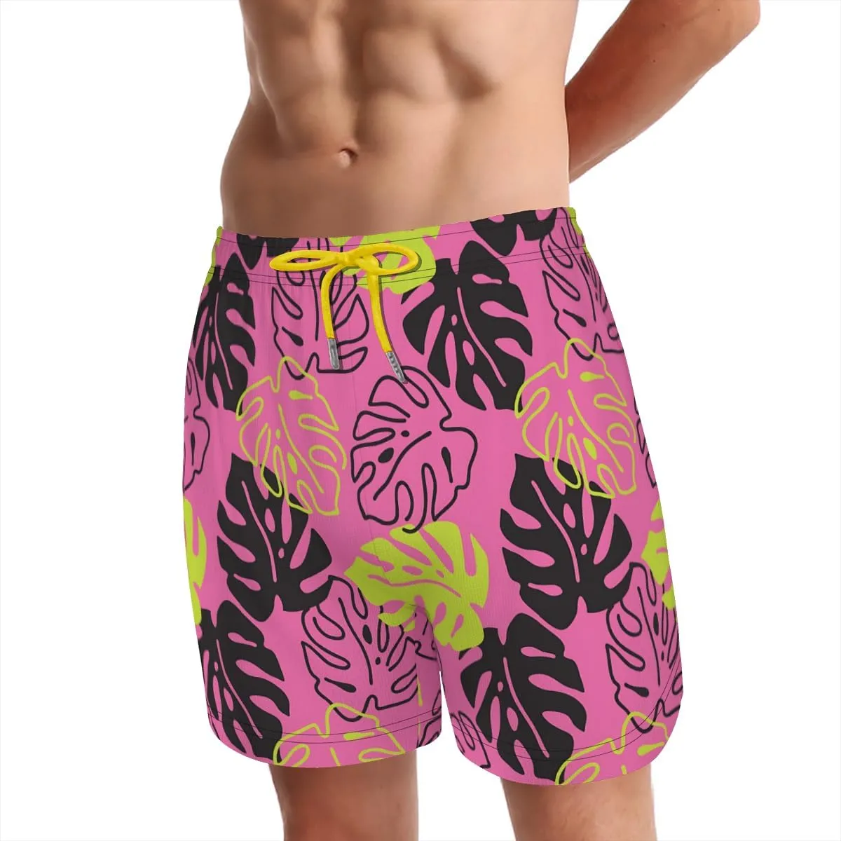 Men's Durable surf Trunks Monstera Leaf Print Shorts Travel-Friendly Quick-Packing Lightweight Easy