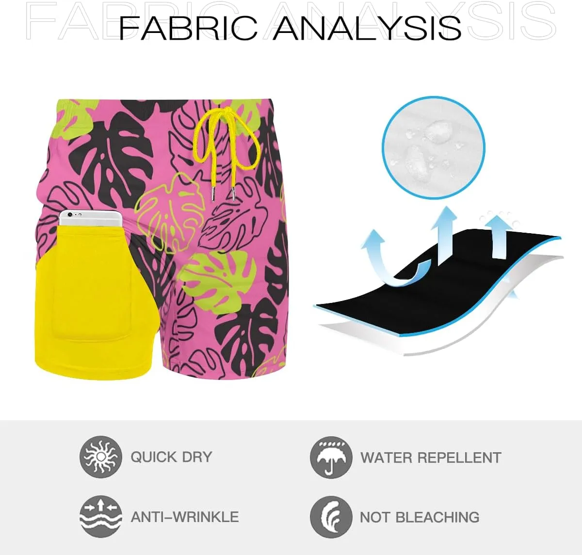 Men's Durable surf Trunks Monstera Leaf Print Shorts Travel-Friendly Quick-Packing Lightweight Easy