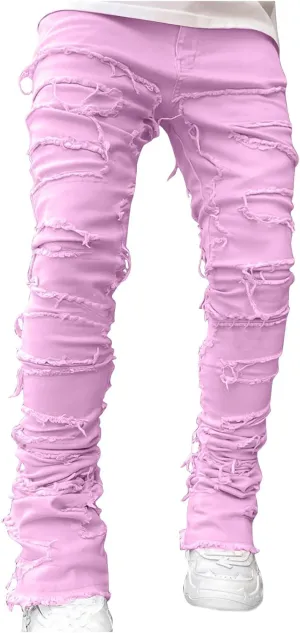 Men's Ripped Distressed Destroyed Straight Fit Skinny Stretchy Slim Fit Stacked Hip Hop Trousers Fashion Streetwear