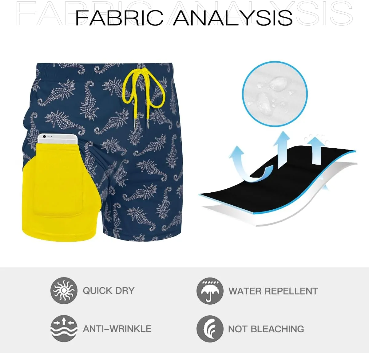 Men's Travel-Friendly Water Shorts Sea Horse Patterned Swim Trunks Vacation Travel Outdoor Sports Fitness