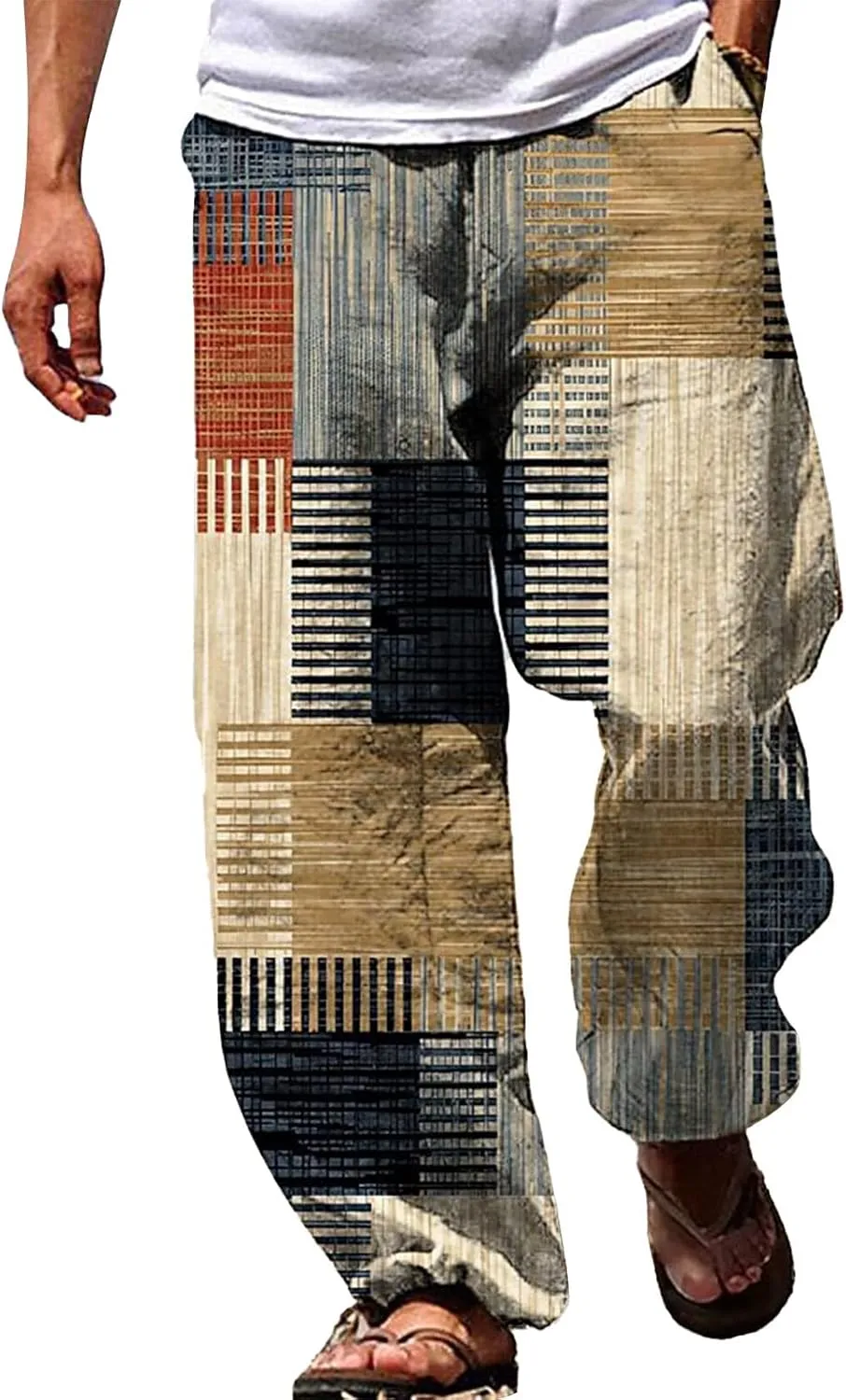 Muyise Men's Casual Cotton Linen Drawstring Pants Summer Color Block Elastic Waist Straight Legs Palazzo Pants with Pockets