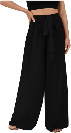 NATHGAM Cotton Linen Pants for Women Baggy Wide Leg Pants Casual Dressy Plus Size Trousers Summer High Waisted Tie Yoga Pants