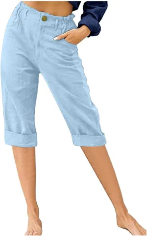 NATHGAM Linen Pants for Women Summer Casual Elastic High Waist Button Capris Pant Straight Wide Leg Cropped Trousers Pockets