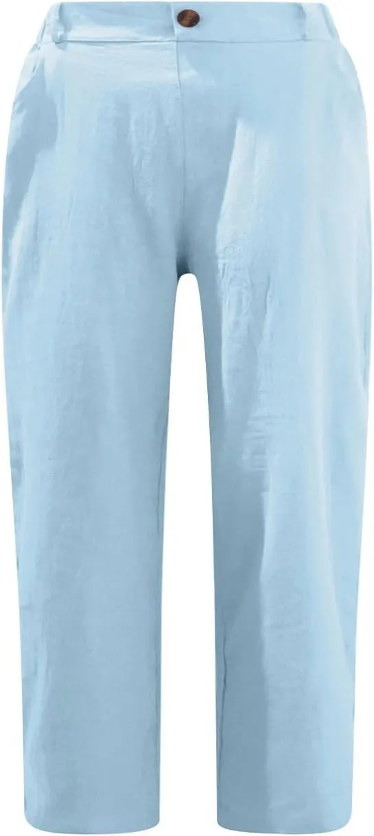 NATHGAM Linen Pants for Women Summer Casual Elastic High Waist Button Capris Pant Straight Wide Leg Cropped Trousers Pockets