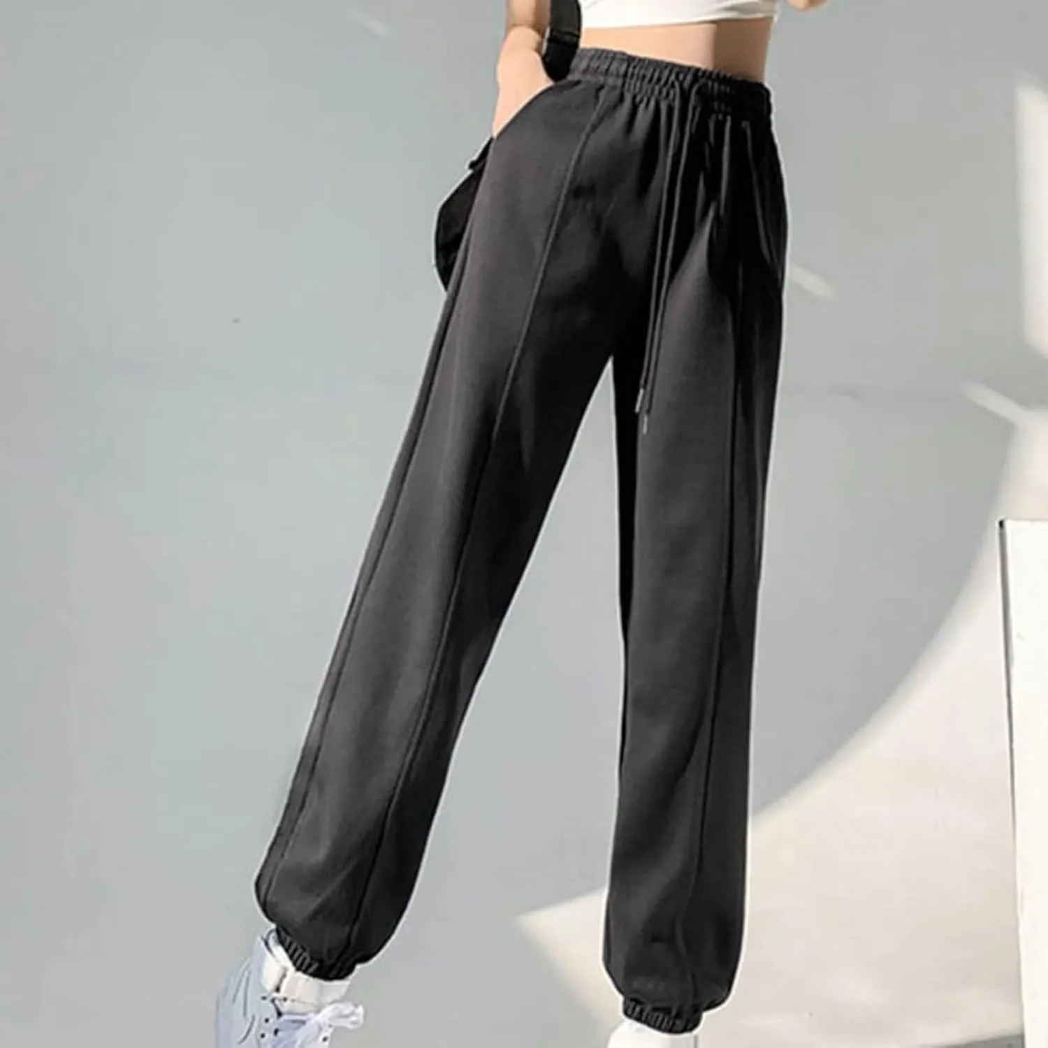 NATHGAM Women's Sweatpants Winter Warm Fleece Lined High Waist Wide Leg Pants Lightweight Comfy Fashion Y2K Street Trousers