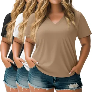Neer 3 Pack Women's Plus Size T Shirts Short Sleeve V Neck Tops Solid Flat Hem Basic Loose Causal Tees