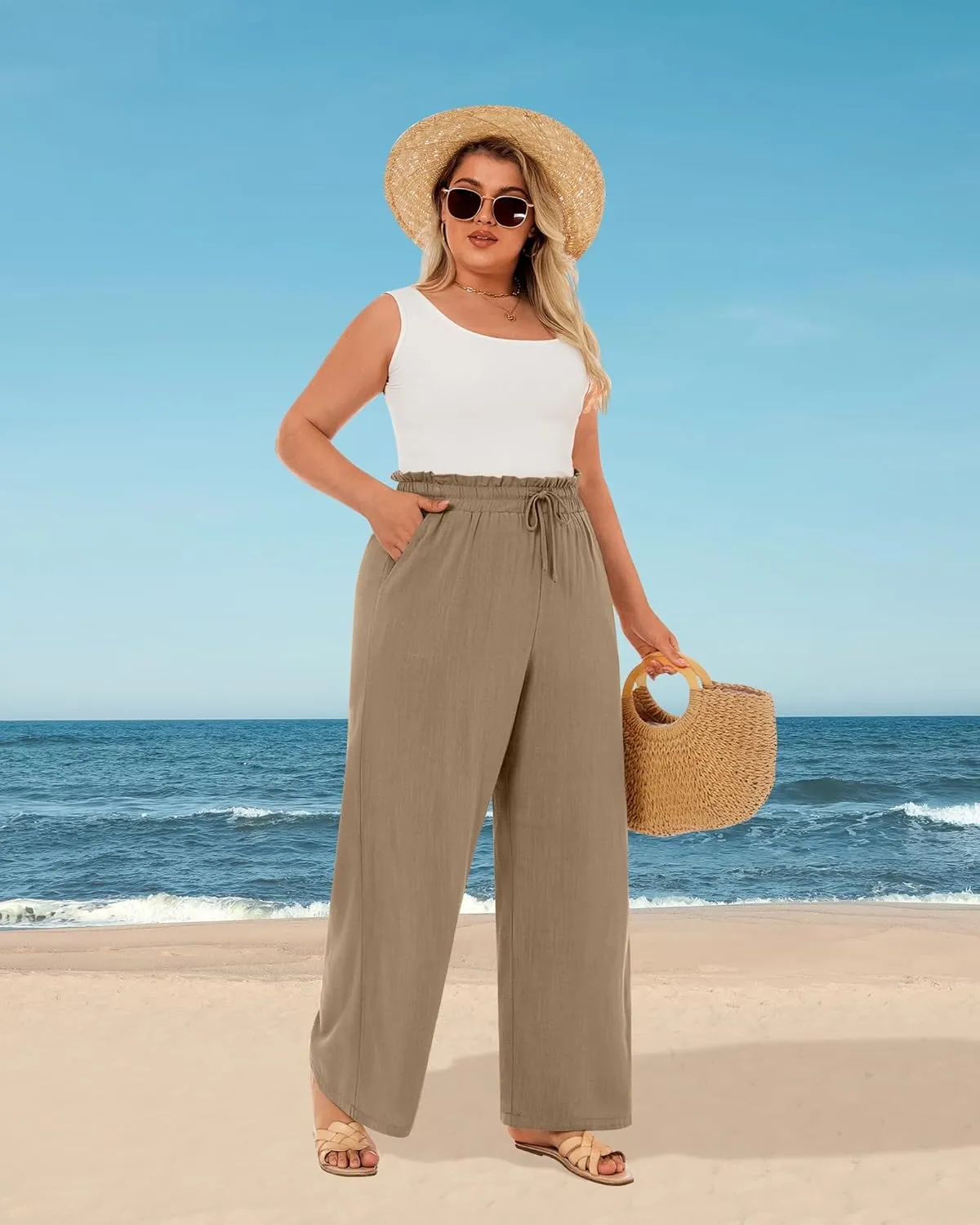 Neer Women's Plus Size Linen Pants High Waist Wide Leg Casual Drawstring Loose Straight Palazzo Pants with Pockets