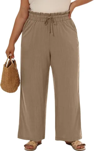 Neer Women's Plus Size Linen Pants High Waist Wide Leg Casual Drawstring Loose Straight Palazzo Pants with Pockets
