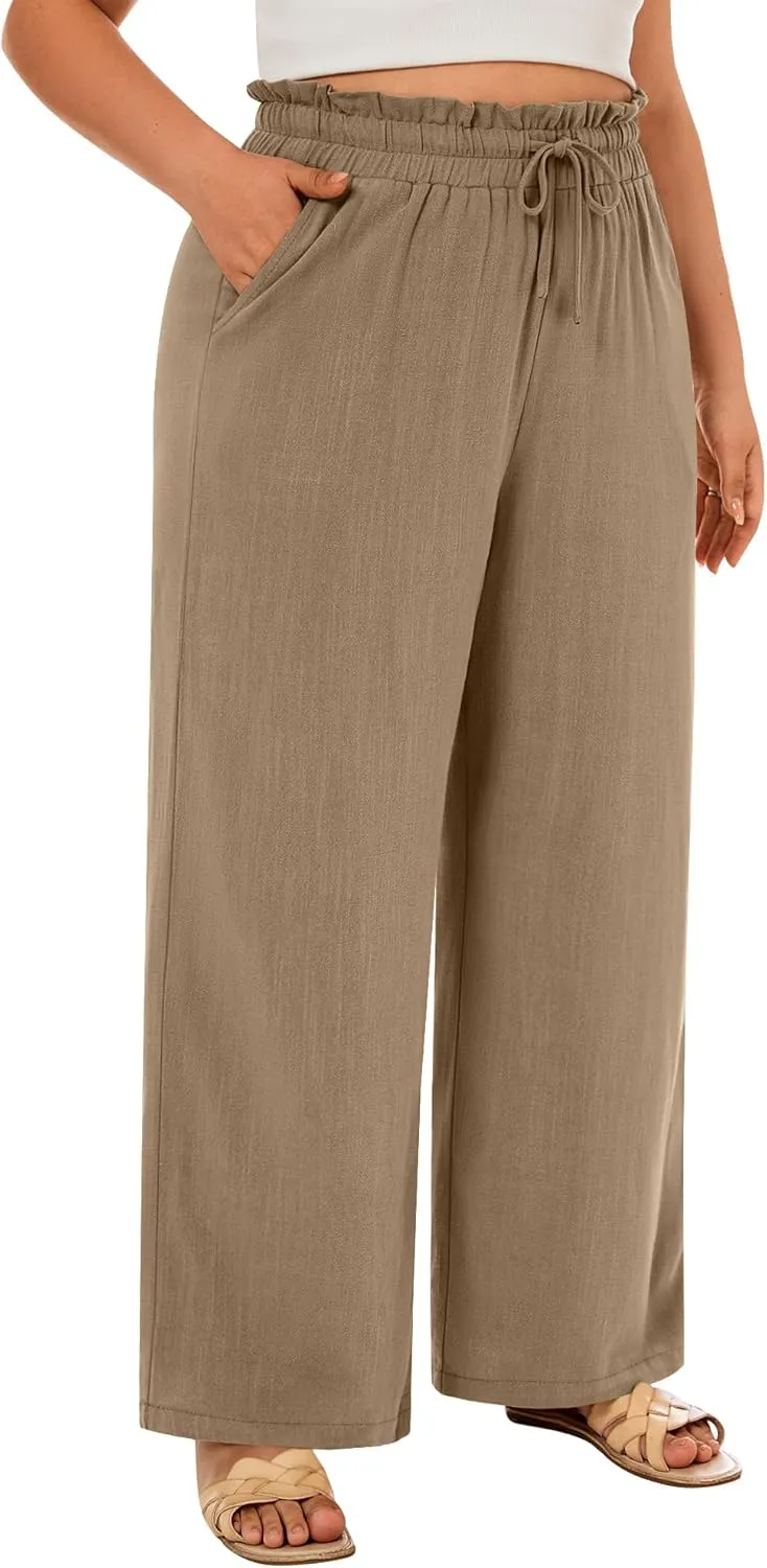 Neer Women's Plus Size Linen Pants High Waist Wide Leg Casual Drawstring Loose Straight Palazzo Pants with Pockets