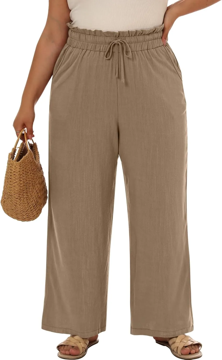Neer Women's Plus Size Linen Pants High Waist Wide Leg Casual Drawstring Loose Straight Palazzo Pants with Pockets