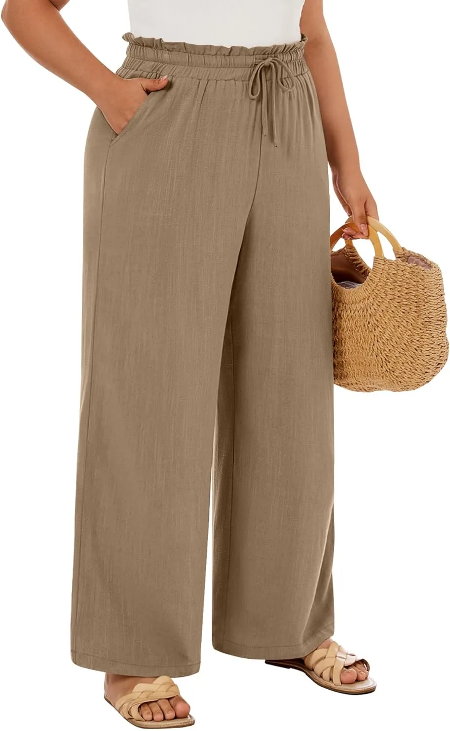 Neer Women's Plus Size Linen Pants High Waist Wide Leg Casual Drawstring Loose Straight Palazzo Pants with Pockets