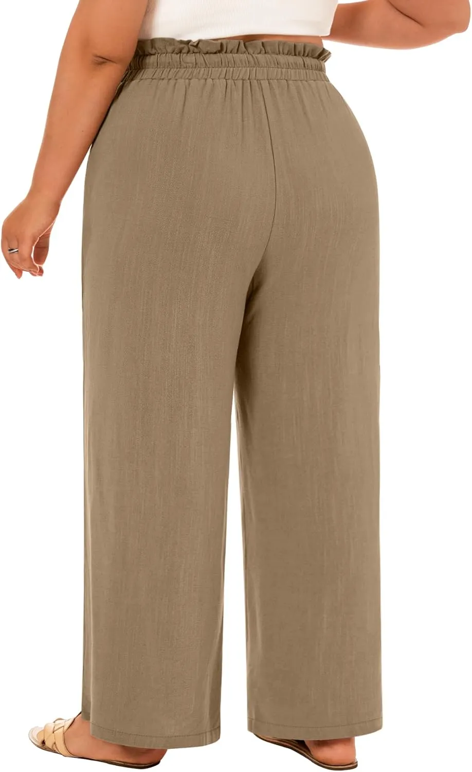 Neer Women's Plus Size Linen Pants High Waist Wide Leg Casual Drawstring Loose Straight Palazzo Pants with Pockets