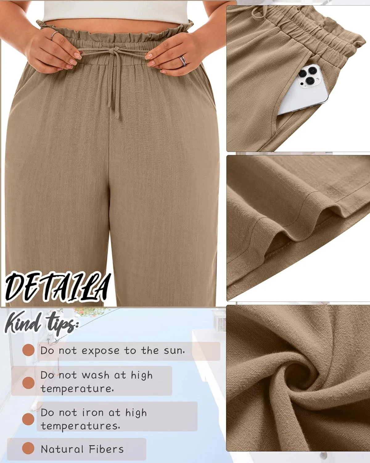 Neer Women's Plus Size Linen Pants High Waist Wide Leg Casual Drawstring Loose Straight Palazzo Pants with Pockets