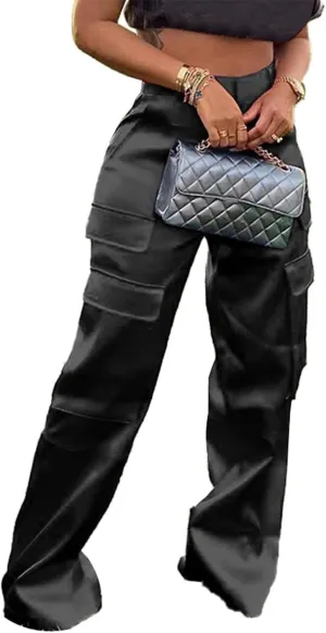 NRTHYE Women High Waisted Satin Cargo Pants Wide Leg Casual Pants Multi Pockets Straight Trousers