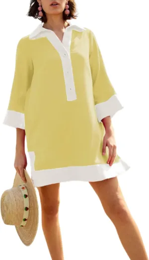 Omoone 2025 Swimsuit Coverup for Women Color Block Summer Beach Dresses V Neck Mini Linen Dress Shirts with Pockets