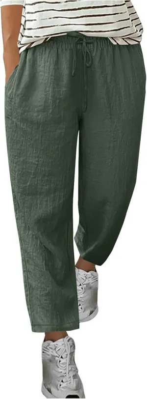 Oplxuo Womens Casual Cotton Linen High Waist Pants Drawstring Loose Fit Summer Pants Trousers with Side Pockets