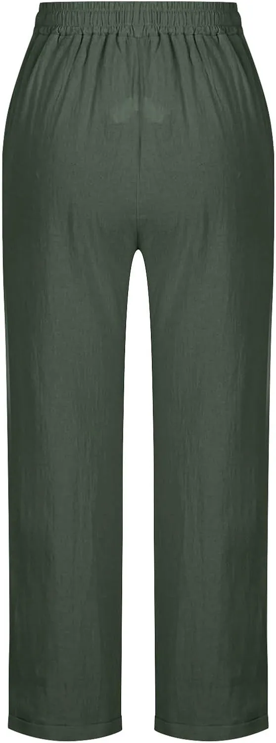 Oplxuo Womens Casual Cotton Linen High Waist Pants Drawstring Loose Fit Summer Pants Trousers with Side Pockets
