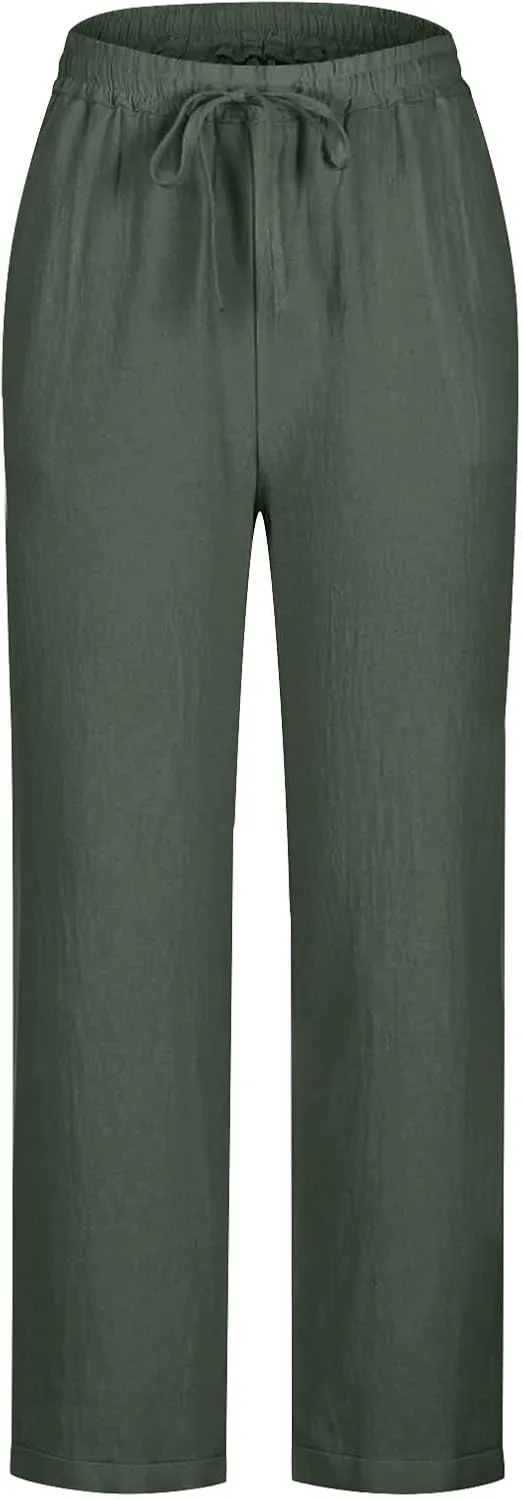 Oplxuo Womens Casual Cotton Linen High Waist Pants Drawstring Loose Fit Summer Pants Trousers with Side Pockets