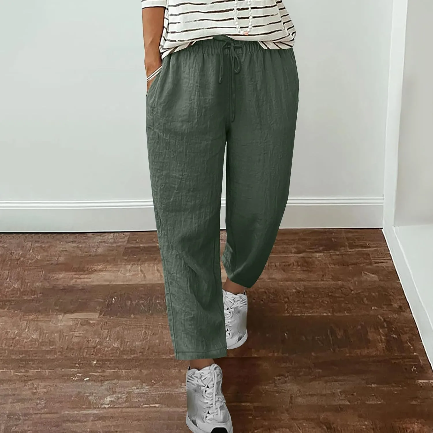 Oplxuo Womens Casual Cotton Linen High Waist Pants Drawstring Loose Fit Summer Pants Trousers with Side Pockets