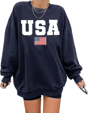 Oversized Usa Sweatshirt Women: Patriotic Tshirt 4th July Shirt Long Sleeve Casual Pullover Tops