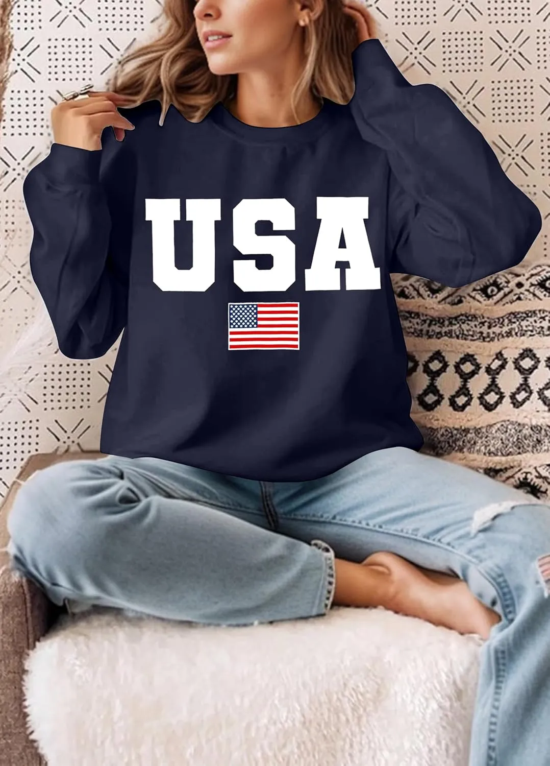 Oversized Usa Sweatshirt Women: Patriotic Tshirt 4th July Shirt Long Sleeve Casual Pullover Tops