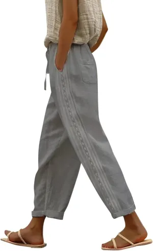 Pants for Women, Wide Leg Pants Casual Peasant Straight Linen Trendy Drawstring