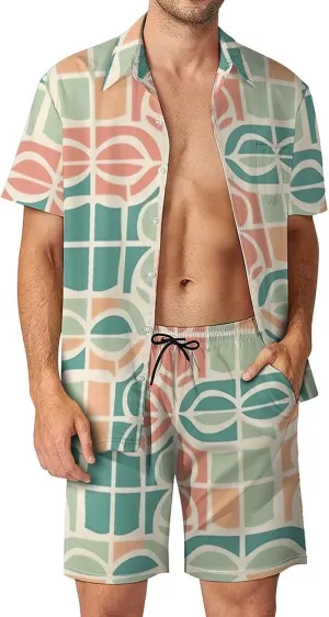 Peach Style Pictures Mens Swimsuit 2 Pieces Set Quick Dry Shorts Shirts Summer Button Down Short Sleeve Set