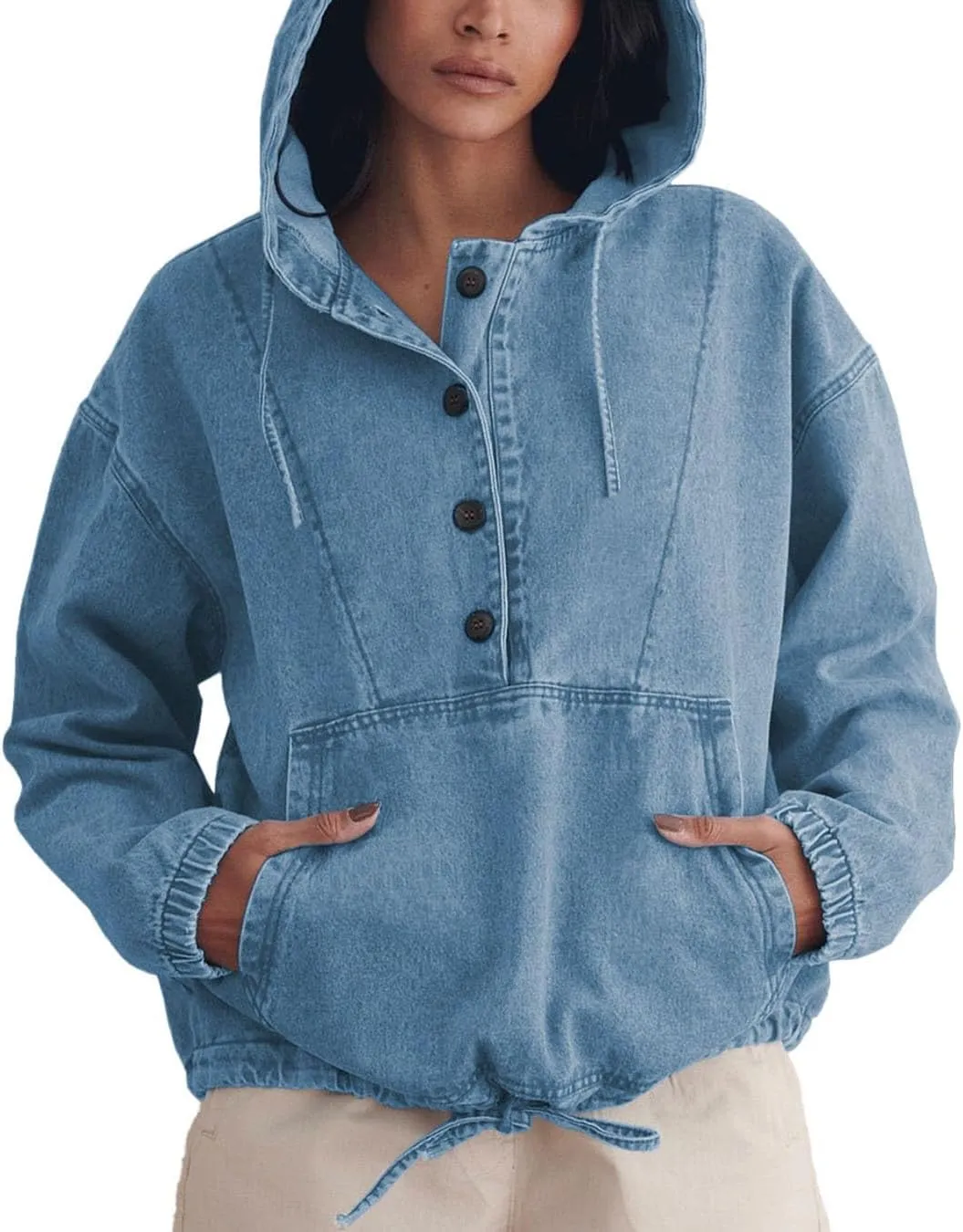 PINSV Womens Denim Hoodie Jacket Lightweight Button Up Jean Pullover with Drawstring Hood Casual Long Sleeve Sweatshirt