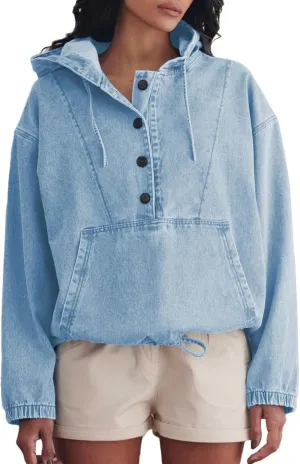 PINSV Womens Denim Hoodie Jacket Lightweight Button Up Jean Pullover with Drawstring Hood Casual Long Sleeve Sweatshirt