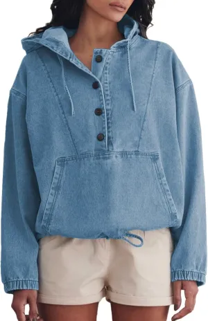 PINSV Womens Denim Hoodie Jacket Lightweight Button Up Jean Pullover with Drawstring Hood Casual Long Sleeve Sweatshirt