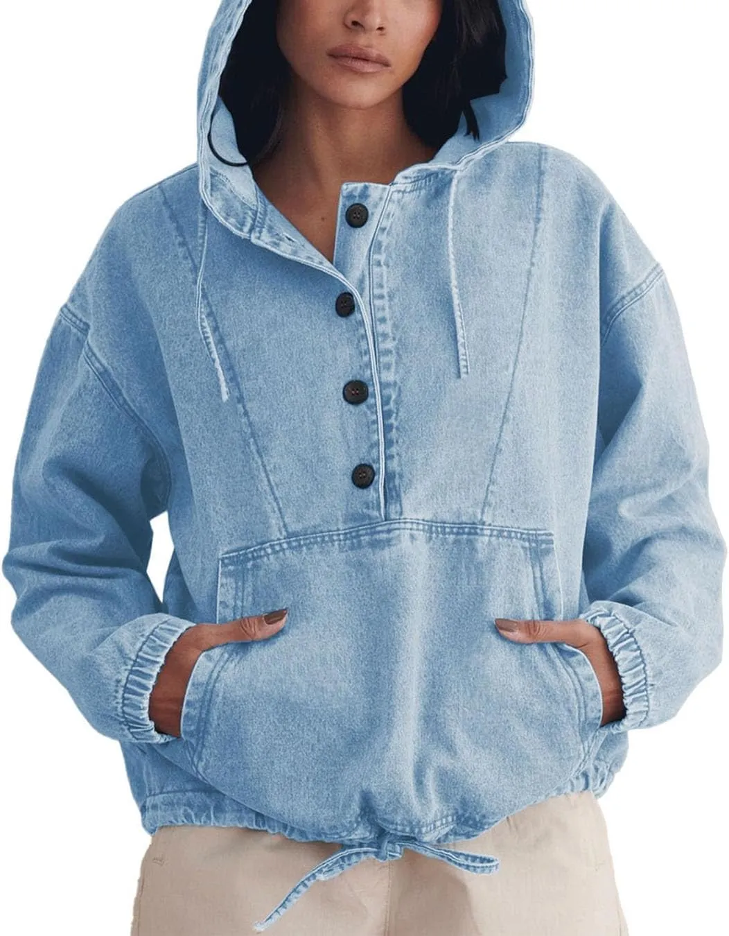 PINSV Womens Denim Hoodie Jacket Lightweight Button Up Jean Pullover with Drawstring Hood Casual Long Sleeve Sweatshirt