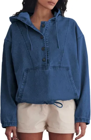 PINSV Womens Denim Hoodie Jacket Lightweight Button Up Jean Pullover with Drawstring Hood Casual Long Sleeve Sweatshirt