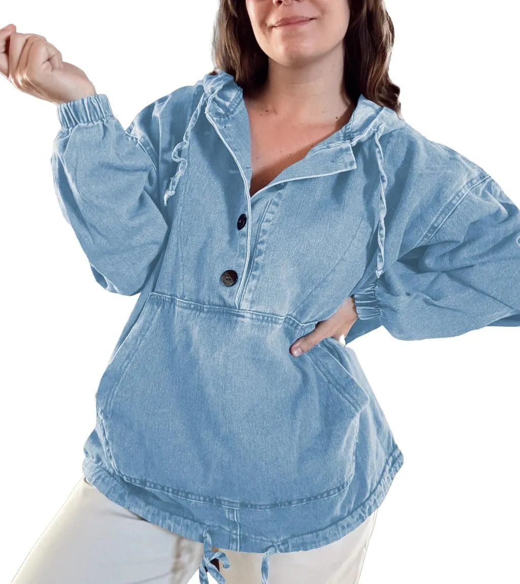 PINSV Womens Denim Hoodie Jacket Lightweight Button Up Jean Pullover with Drawstring Hood Casual Long Sleeve Sweatshirt