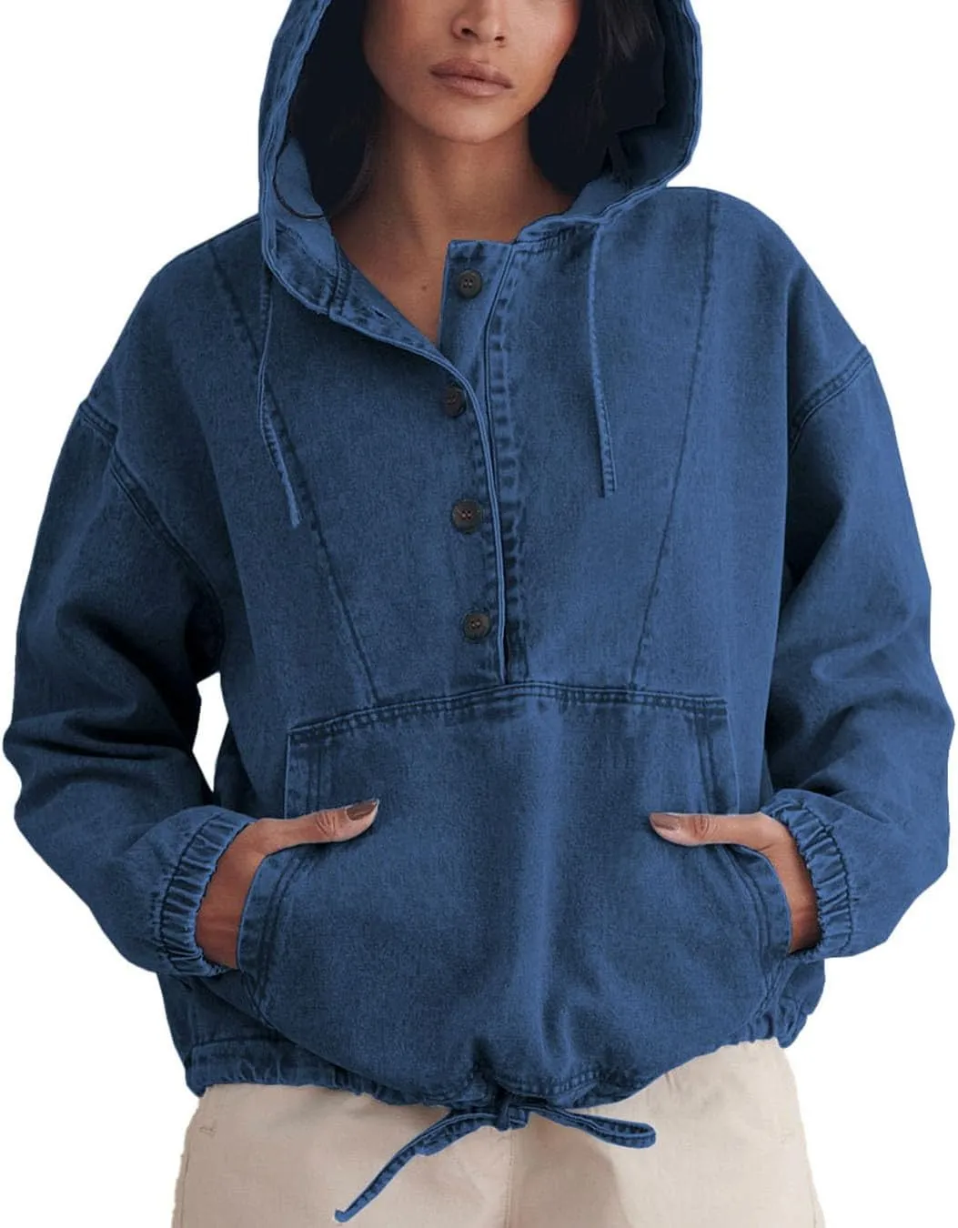 PINSV Womens Denim Hoodie Jacket Lightweight Button Up Jean Pullover with Drawstring Hood Casual Long Sleeve Sweatshirt