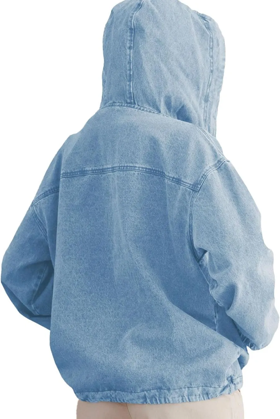 PINSV Womens Denim Hoodie Jacket Lightweight Button Up Jean Pullover with Drawstring Hood Casual Long Sleeve Sweatshirt