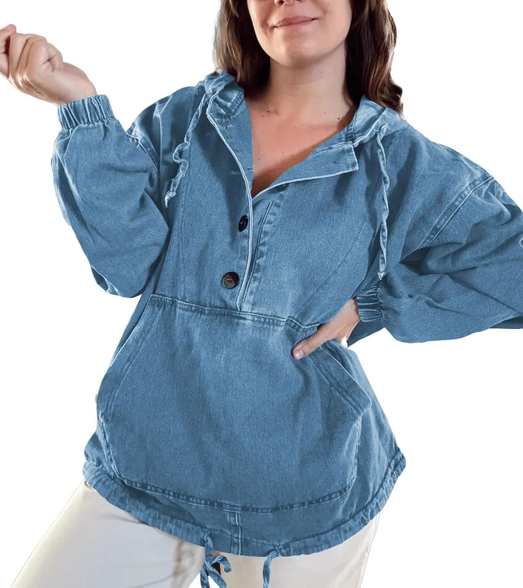 PINSV Womens Denim Hoodie Jacket Lightweight Button Up Jean Pullover with Drawstring Hood Casual Long Sleeve Sweatshirt