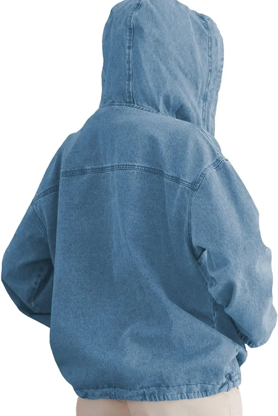 PINSV Womens Denim Hoodie Jacket Lightweight Button Up Jean Pullover with Drawstring Hood Casual Long Sleeve Sweatshirt