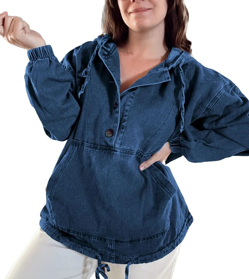 PINSV Womens Denim Hoodie Jacket Lightweight Button Up Jean Pullover with Drawstring Hood Casual Long Sleeve Sweatshirt
