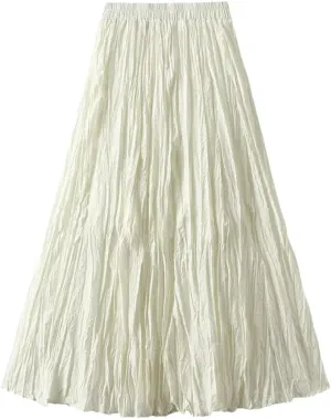 Pleated A-Line Midi Skirts for Women Solid Vintage Harajuku Loose Casual Long Skirts