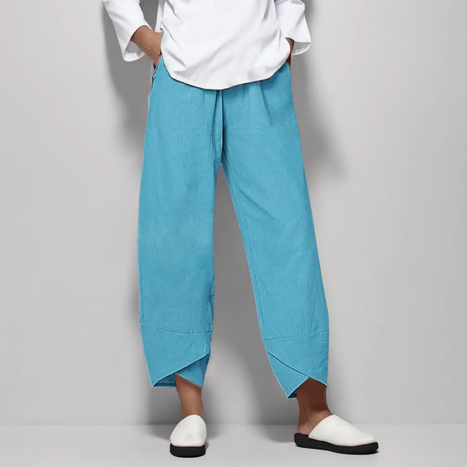 Plus Size Linen Pants for Women Pull On Drawstring Comfy Casual Summer Baggy Flowy Lounge Cropped Trousers with Pockets