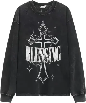 Praying Angel with Wings Vintage Long-Sleeved Denim Jacket Shirt Men's Round Neck Sports T-Shirt
