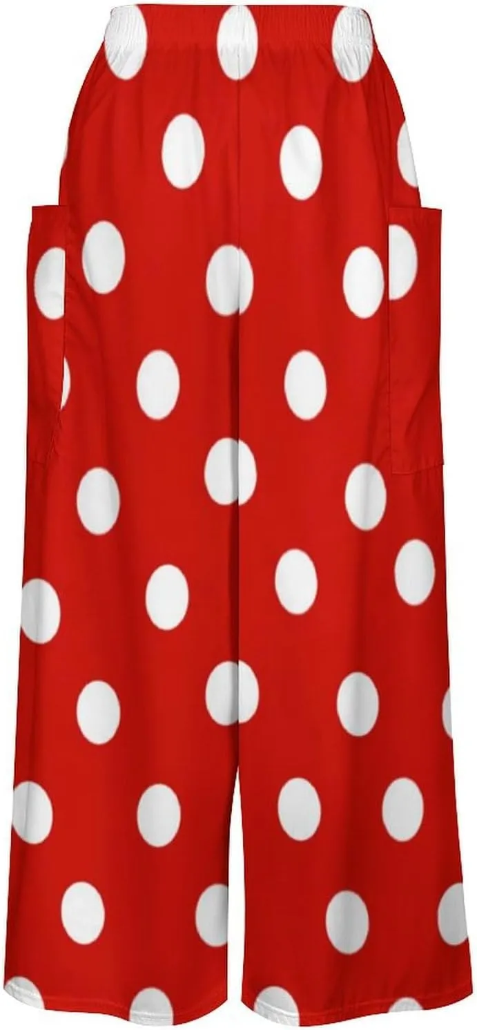 Red And White Polka Dots Women's Casual Pants Yoga Loose Wide Legs Trousers with Pockets High Waist