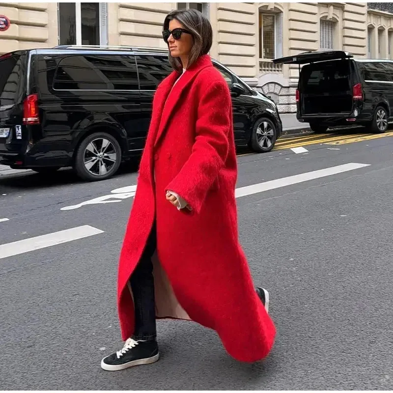 Red Lapel Long Wool Coat