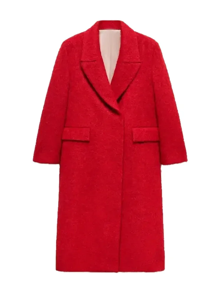 Red Lapel Long Wool Coat
