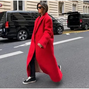 Red Lapel Long Wool Coat