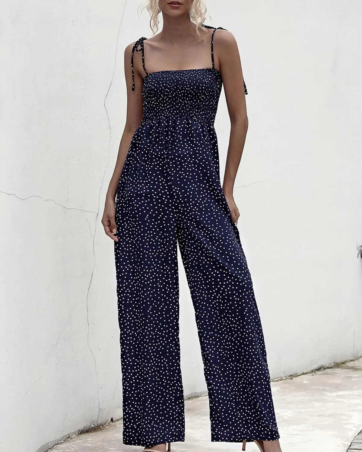 RINTONIX Women Sexy Spaghetti Strap Polka Dot Ruched Wide Leg Jumpsuit Overall Elastic Long Pants Summer Romper